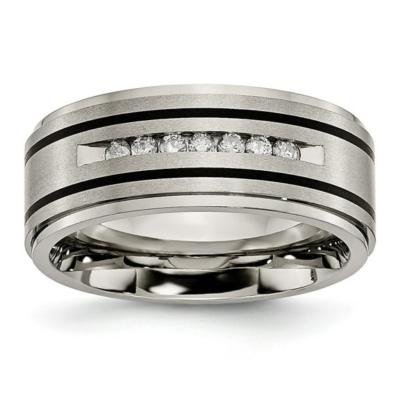Grey Titanium Ring Band Wedding Black Diamond Round