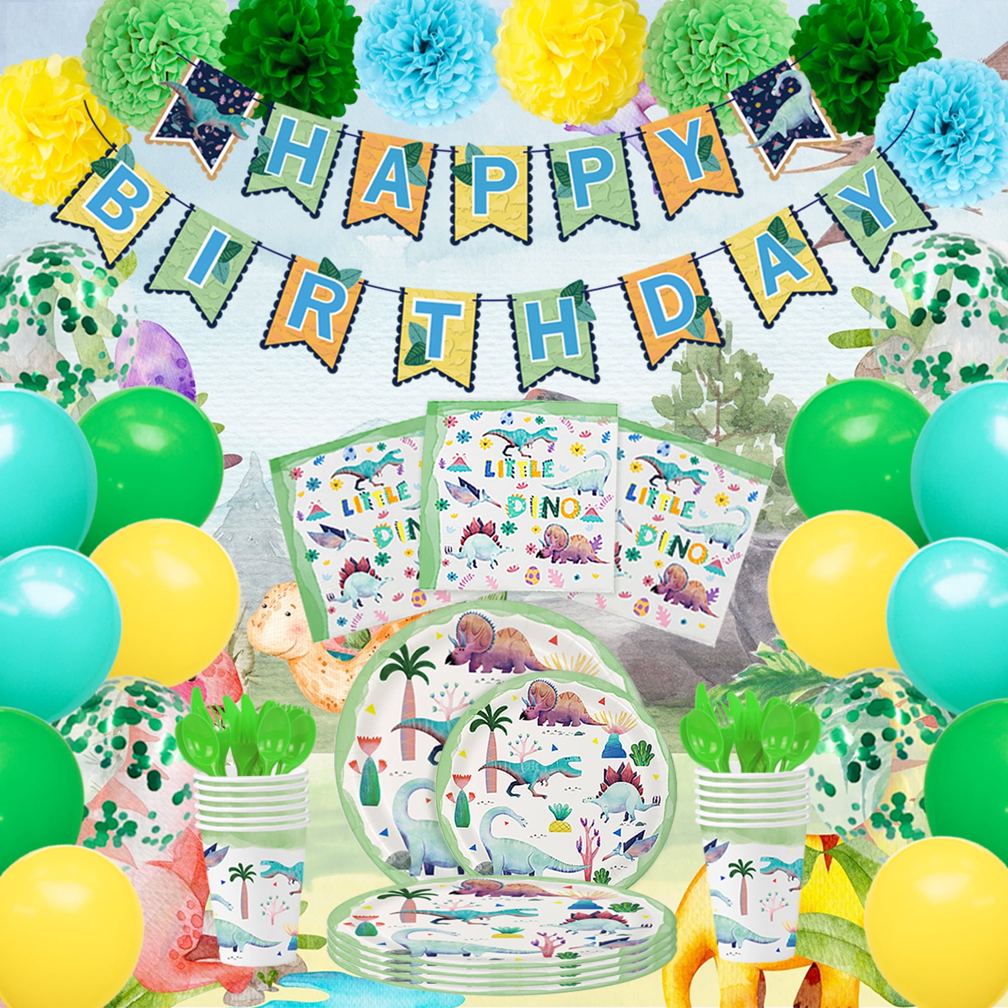 Watercolor Dinosaur Birthday Party Supplies - Dino Birthday Party Decoration for Boys Banner Balloons Paper Pompom Plates Cups Napkins Tableware Utensils Serves 16 Guests 137 PCS (Dinosaur)
