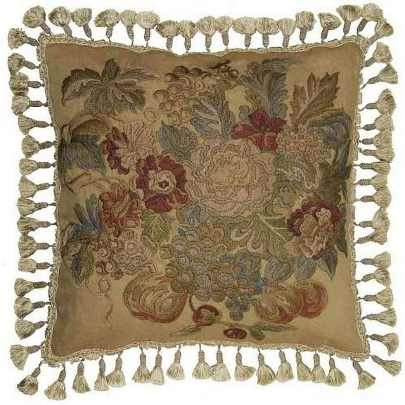 Hand-Embroidered Throw Pillow 21"x21" Flowers Plants Green Canvas