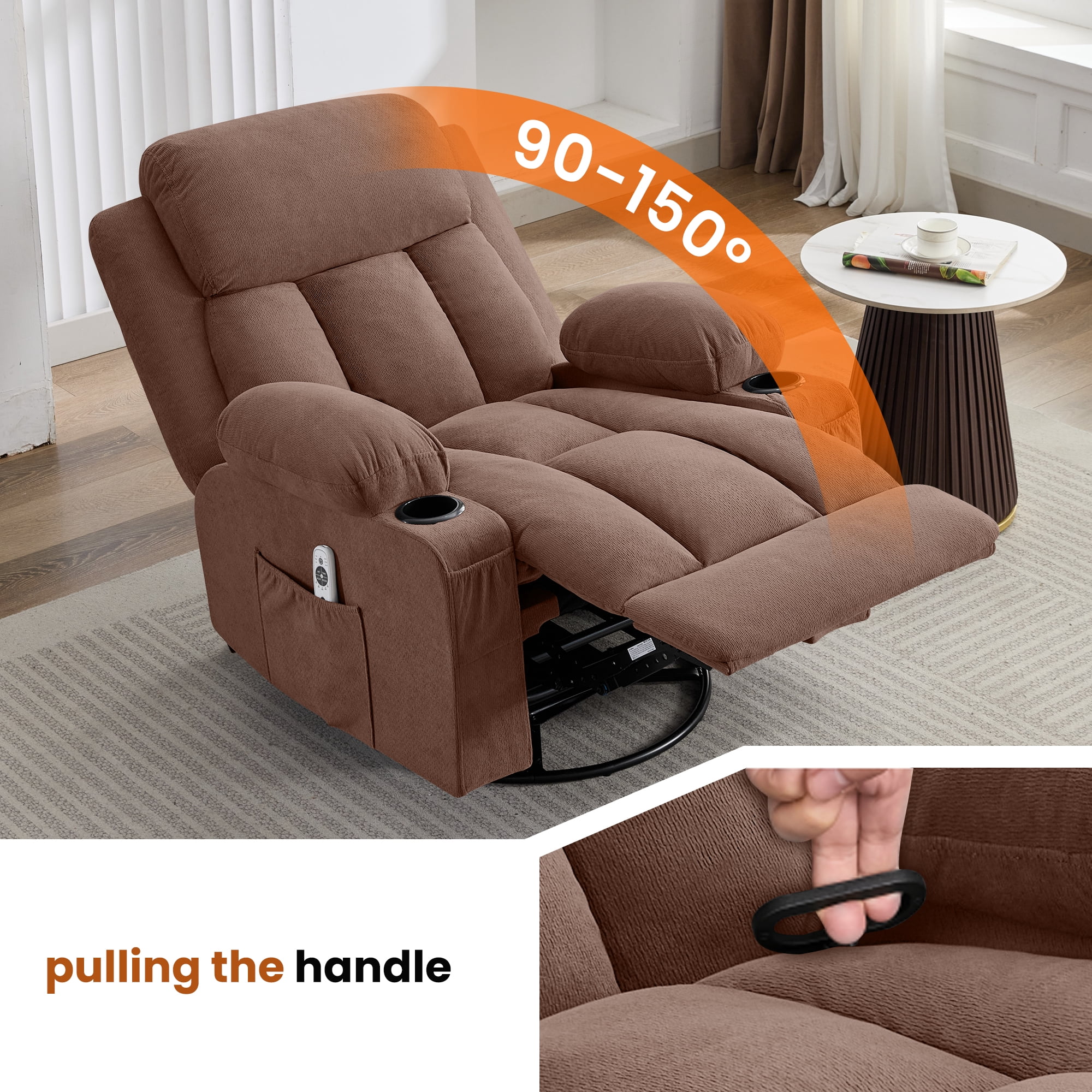360° Swivel Rocker Manual Recliner Chair with Heat, Massage, USB Charge Port, cup holders