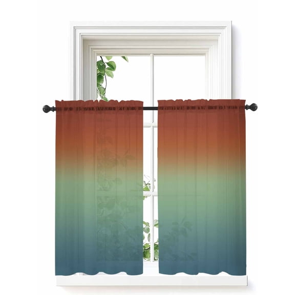 Burnt Orange Teal Ombre Tier Curtains 45 Inch Length,Sheer Curtains for Bedroom Living Room Window Modern Abstract Art Aesthetics Voile Drapes Kitchen Curtains Small Half Window 27.5"x45" 2 Panels