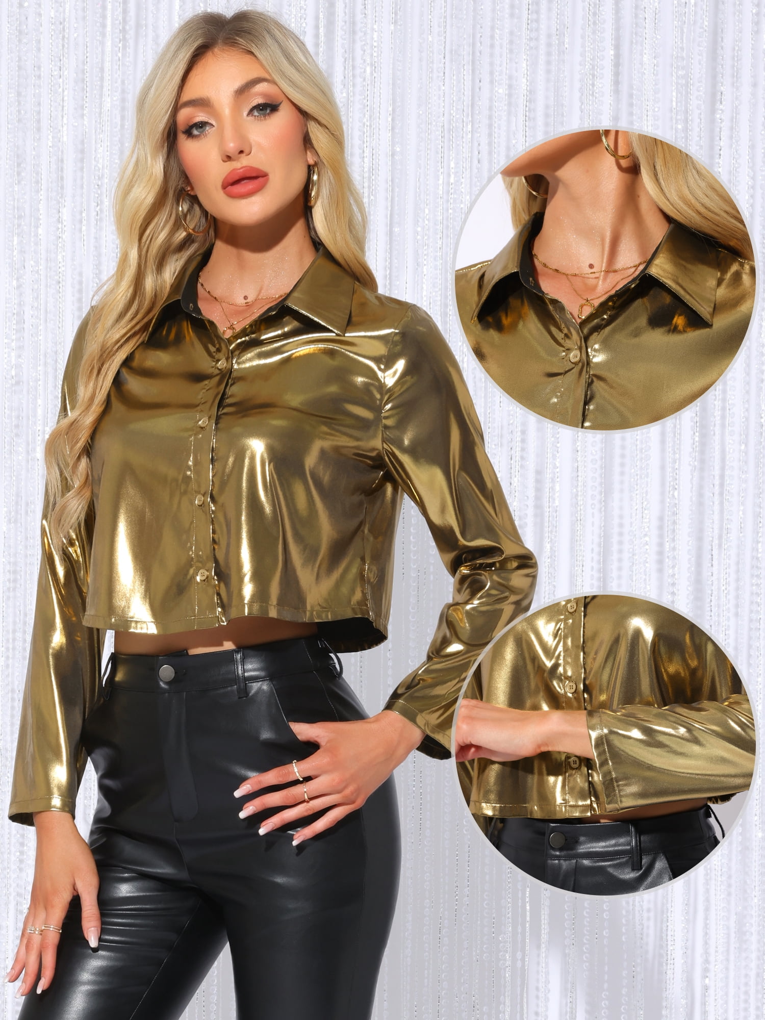 DARING DIVA Women's Long Sleeve Button Down Blouse Shirt Party Tops S Gold