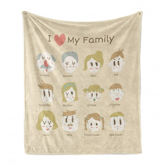 I Love Family Soft Flannel Fleece Throw Blanket, Informational Design Faces of Family Members with Lettering, Cozy Plush for Indoor and Outdoor Use, 50" x 60", Champagne and Multicolor, by Ambesonne