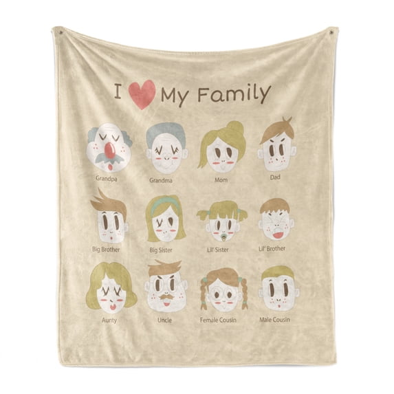 I Love Family Soft Flannel Fleece Throw Blanket, Informational Design Faces of Family Members with Lettering, Cozy Plush for Indoor and Outdoor Use, 50" x 60", Champagne and Multicolor, by Ambesonne