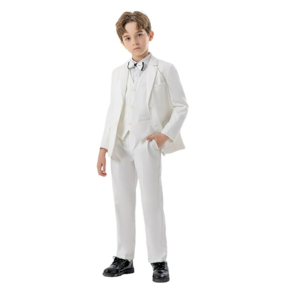 Wdgfv Boys Formal Suits 4 Piece Tuxedo Set With Coat Vest Pants Bowtie Slim Fit Outfit For Kids Wear White 7-8 Years