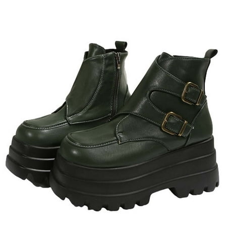 

Boots Women Womens Boots Women s Winter Round-Toe Boots Metal Buckle Side Zip Thick Bottom High-Heels Short Boots Green