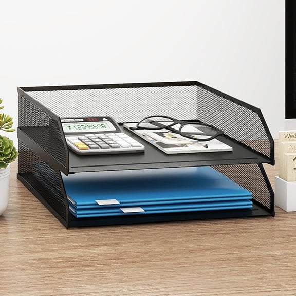 2-Tier Stackable Paper Tray, Metal Mesh Desktop Organizer, A4 Paper Sorter, Letter Trays,File Folder Sorter Organizer with Sliding Tray for Home, Office, School (Black)