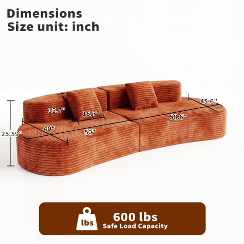 Howcool Boneless Cloud Couch 108.6", Curved Modular Compression Sofa, Deep Seat Corduroy Foam Couch, Sectional Floor Sofa in a Box, No Assembly, 4 Seater, Orange(Thick Sponge)