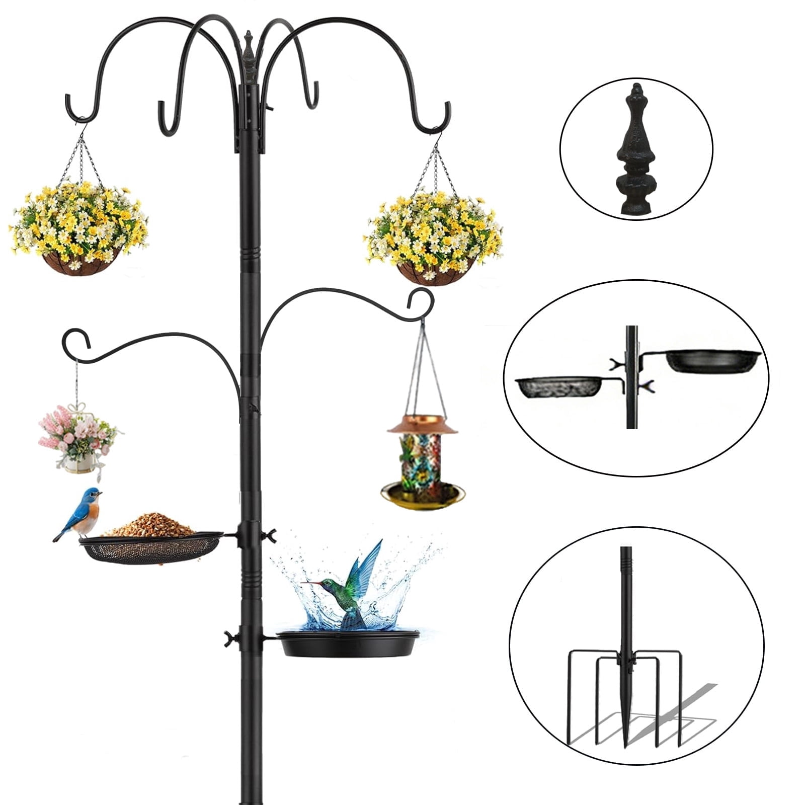 6-Hook Bird Feeding Station Kit Wild Bird Feeder Stand Pole, Multi-Feeder Hanging Kit Stand with Water Bowl, Mesh Tray, 88 Inch