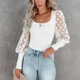 thumbnail image 2 of Arlun,Elegant Lace Splicing Long Sleeve Shirts for Women Trendy Plain Dotst Printed Sheer Puff Sleeve Fall Thin Tshirts Women's Elastic Slim Fit Soft Comfy Tops White XL, 2 of 8