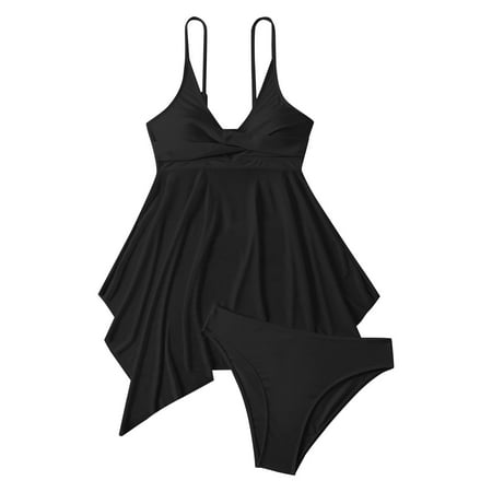 Women s Swim Dress 2 Piece Swimsuit with Skirt Modest Cut Out Padded Twist Bathing Suits Swimwear Swimdress with Bottom Womens Adjustable Bikini Bra Shorts Bikini Swimsuit Split Swimsuit Black Xl