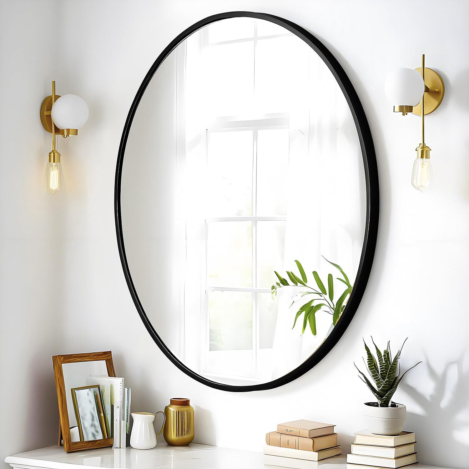 Gleamira 38"x 26" Oval Wall Vanity Mirror Bathroom Mirror with Aluminum Alloy Frame, Black