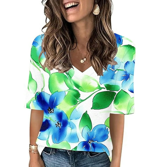 Ayolanni Scrub Tops Women Green Short Sleeve V-Neck Floral Print T-Shirts Ladies Shirts and Blouses L