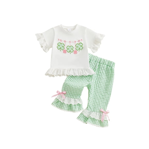 St. Patrick's Day Baby Girl Outfit Shamrock Short Sleeve Tops Plaid Bell Bottoms Flared Pants Set Infant Toddler Summer Clothes