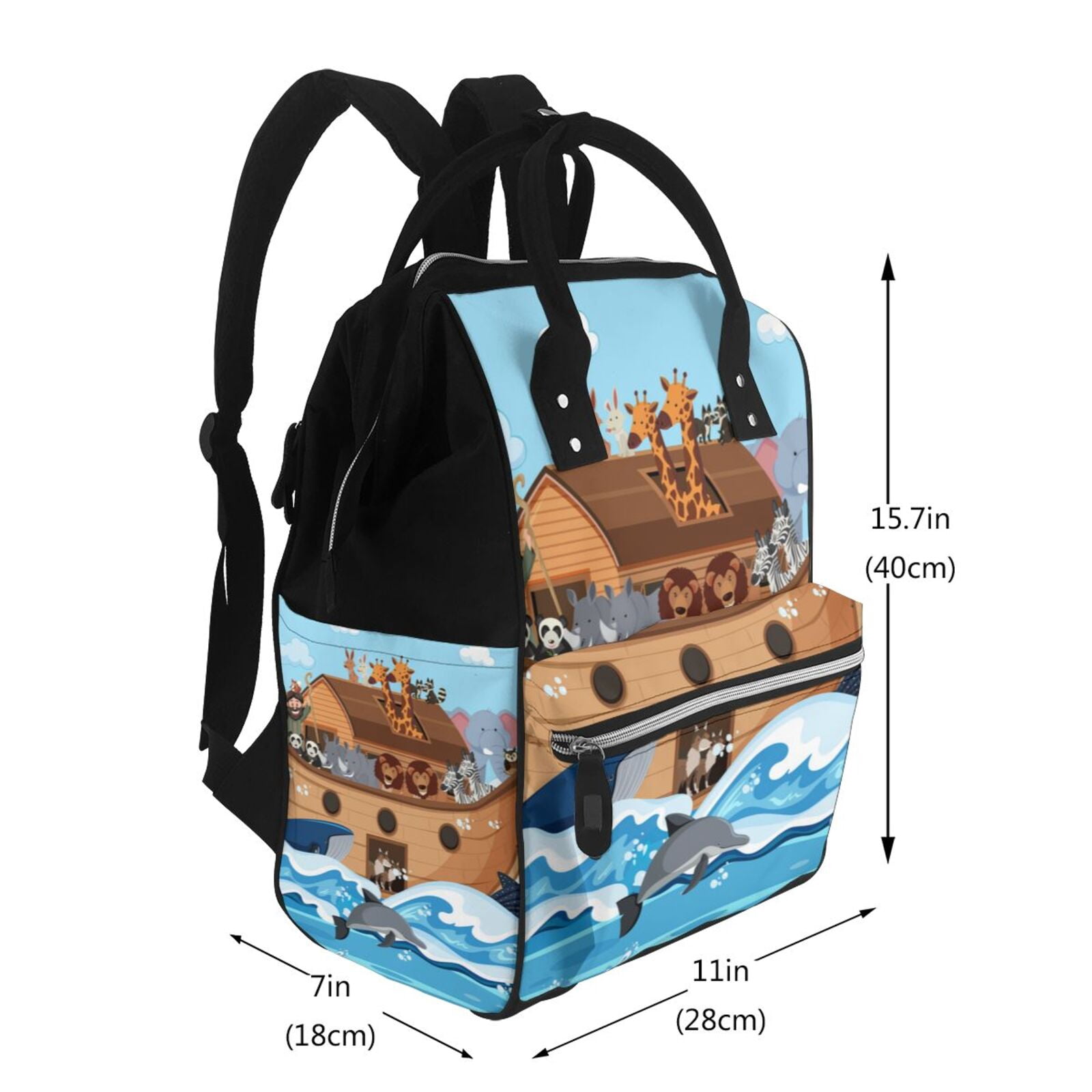 Ratiio Animals on Noah's Ark Mummy Backpack - Waterproof Twill Canvas, Large Capacity Diaper Bag with Multiple Pockets and Adjustable Straps