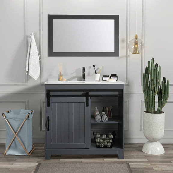 Wonline 36inch Grey Bathroom vanity with Sink Set Bath Vanity with Mirror and Faucet for Modern Style (backsplash include)