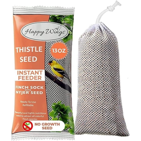 Happy Wings 14oz No Grow Prefilled Thistle Seed (Nyjer) Bird Food Sock Feeder - Wild Bird Seed - Dry - 2 Pack