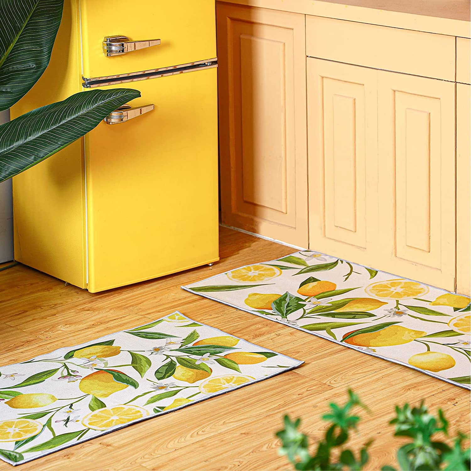 2 Pieces Lemon Kitchen Rugs Set Farmhouse Kitchen Rugs Fruit Runner Rugs Non Slip Rubber Backing Area Rug Lemon Doormat Washable Indoor Outdoor Mats Country Kitchen Decor, 17'' x 30'', 17''x 47''