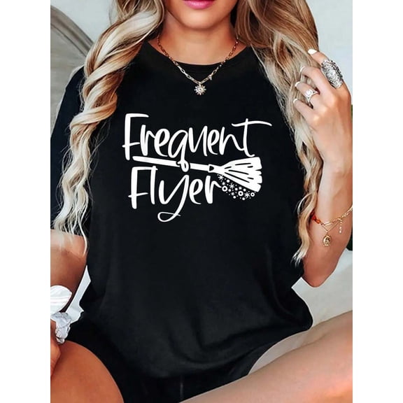 Women's Cute Broomstick Frequent Flyer Witch Halloween Graphic T-Shirt, Fall Casual Wear