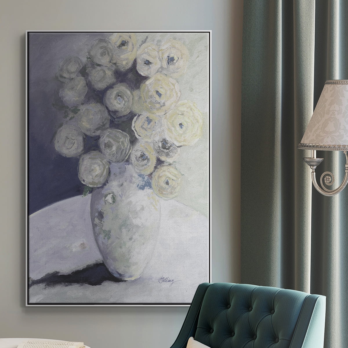 Green Vase with Yellow Flowers Framed Premium Gallery Wrapped Canvas - Ready to Hang - 25 x 37 - White Floating Frame