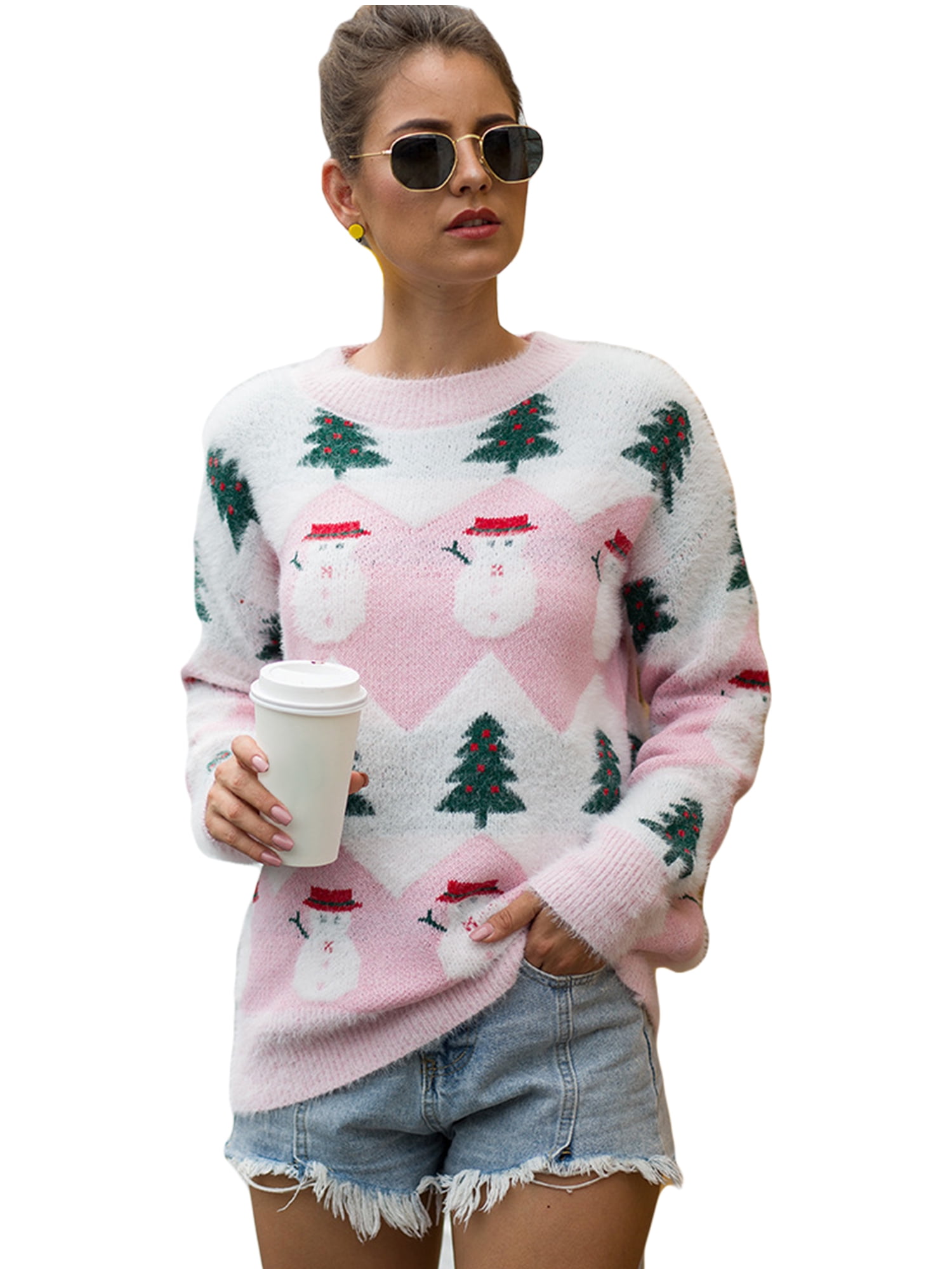 Pink Rose Ugly Sweater Reindeer Fair Isle 