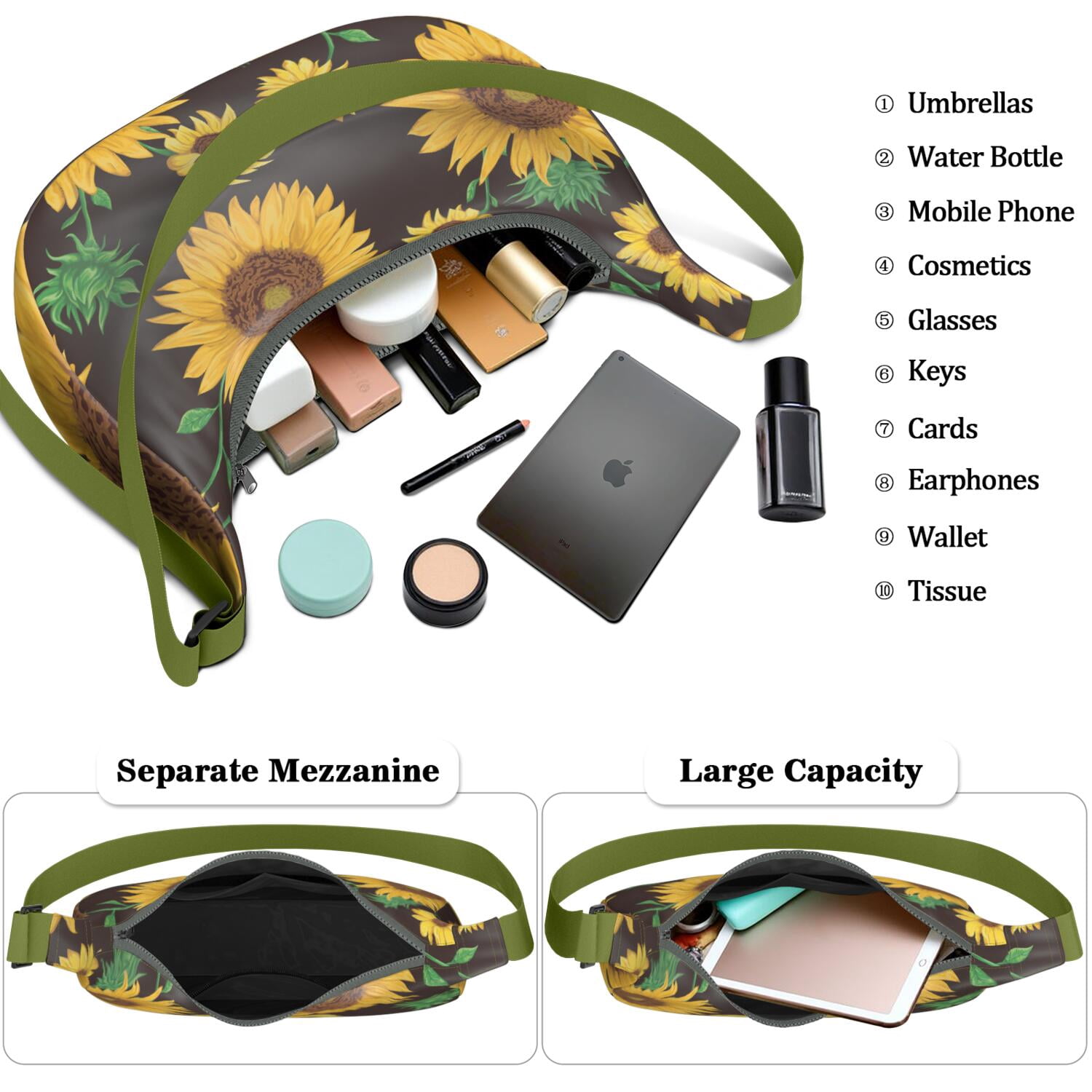 Casual Crossbody Purse for Women – Lightweight & Spacious, Boho Sunflower and Butterfly Floral Print, Rustic Vintage Country Style, Water-Resistant Durable Purse
