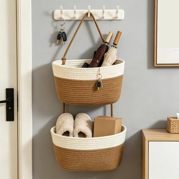 2/3 Tier Hanging Wall Storage Baskets, Woven Cotton Rope Organizer Mounted for Bathroom Kitchen Bedroom Entryway, Boho Style Vertical Wall Decor Housewarming Gift