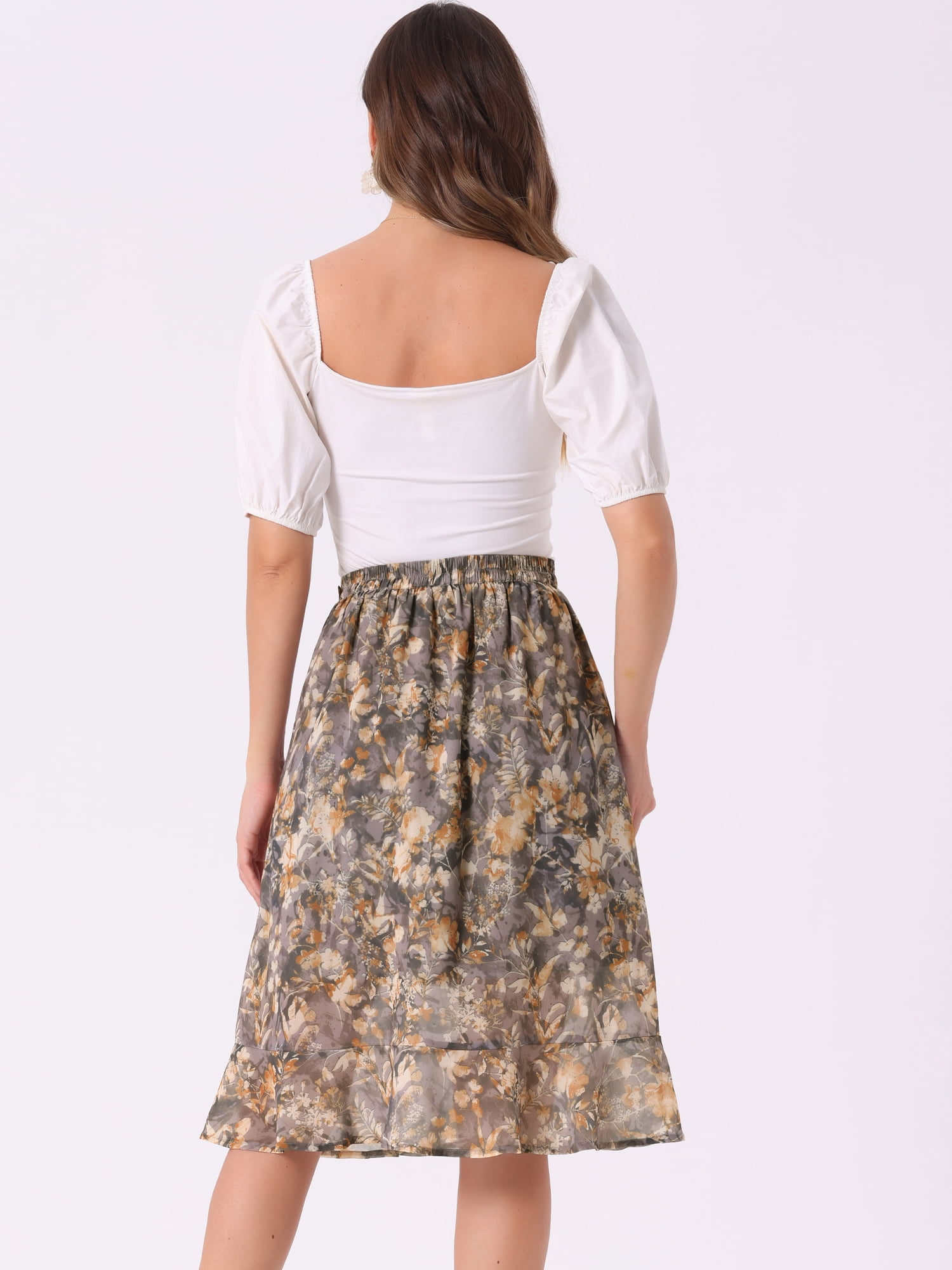 DARING DIVA Women's Floral Ruffle Hem Elastic Back Split Skirt S Grey