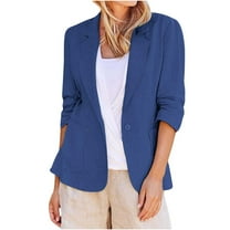 nerohusy Linen Blazer Women Summer Lightweight Single Button 3/4 Sleeve Blazers for Women Business Casual Suit Jacket with Pockets Blue,XL