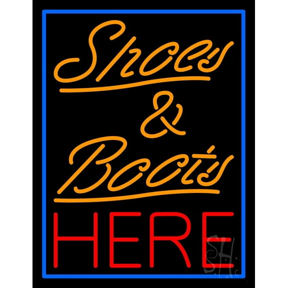 Shoes And Boots Here With Blue Border LED Neon Sign 24 x 31 - inches, Black Square Cut Acrylic Backing, with Dimmer - Bright and Premium built indoor LED Neon Sign for store Décor, Storefront.