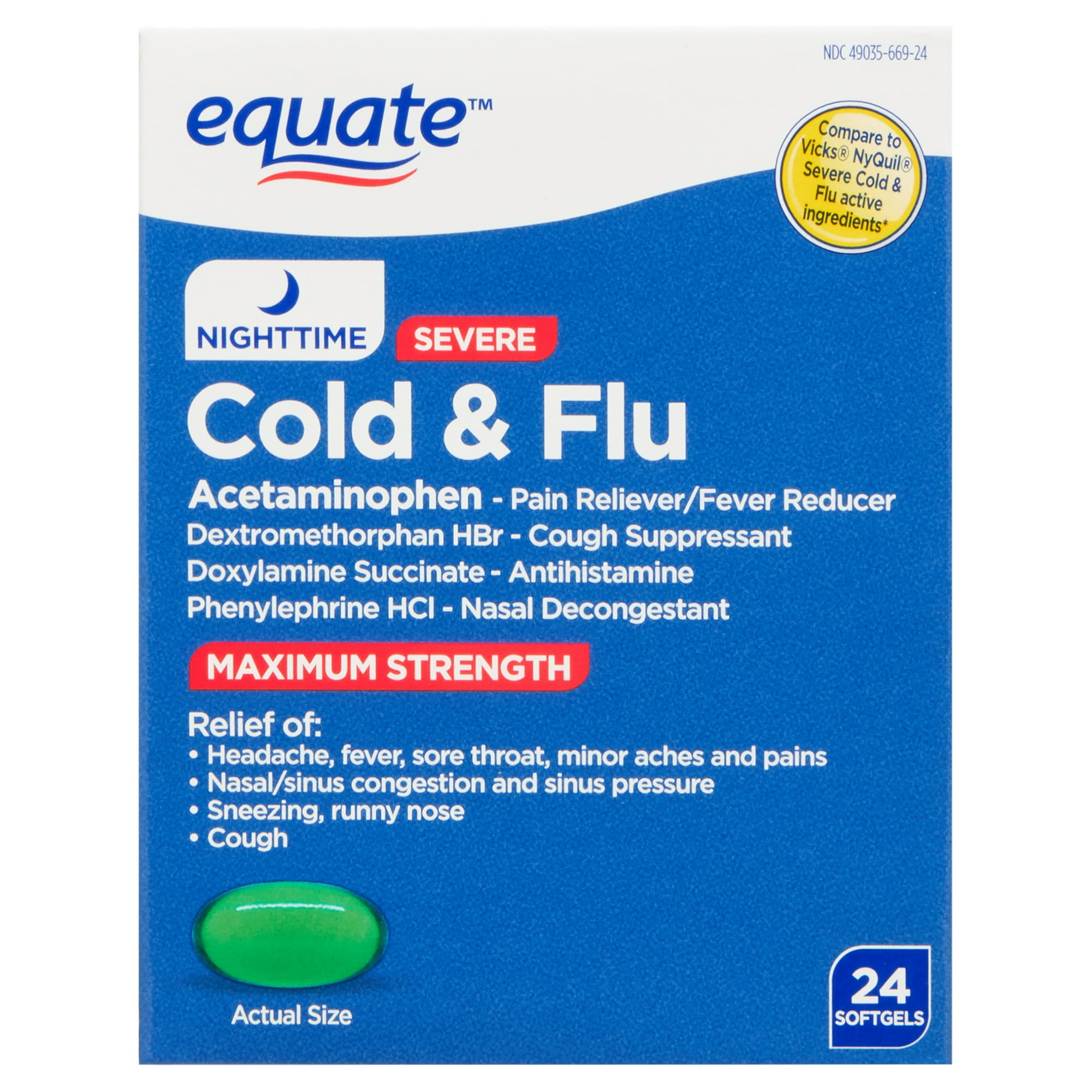 Equate Nighttime Max Strength Cold + Flu Softgels, Compare to NyQuil Severe, 24 Count