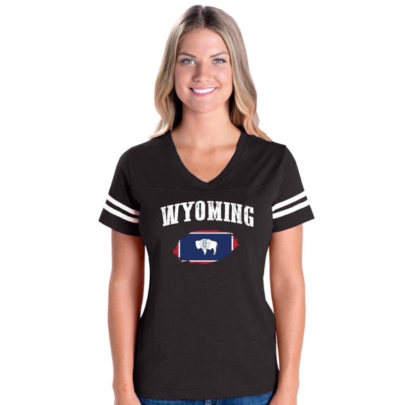 Womens Wyoming Flag Football V-Neck T-Shirt