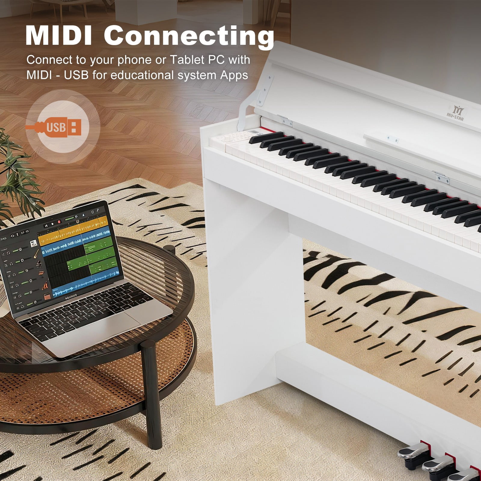 MUSTAR 88Keys Upright Fully Weighted Digital Piano Graded Hammer Action Electronic Keyboards with 3-Pedal for Beginners(White)
