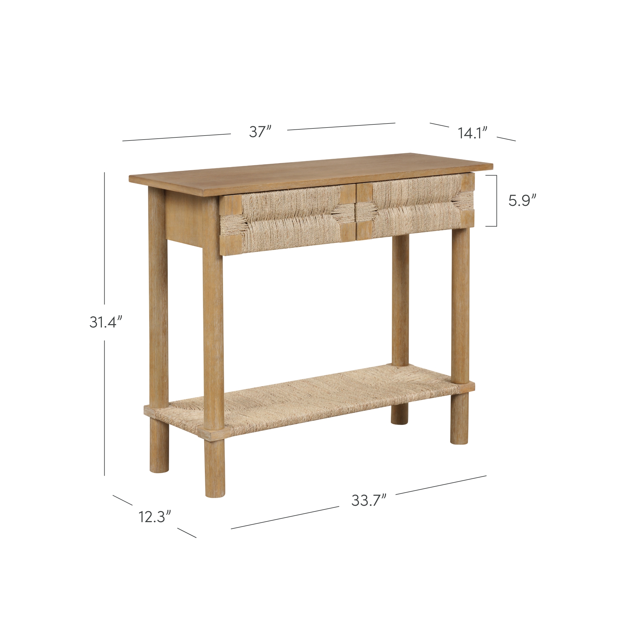 Nathan James Beacon Wooden Sofa Console Table with Drawers, Bohemian Entryway Table, Hallway Table with Seagrass Shelf, Light Brown
