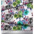 thumbnail image 2 of Soimoi Green Japan Crepe Satin Fabric Tiger Face,Leaves & Floral Print Sewing Fabric BTY 42 Inch Wide, 2 of 3