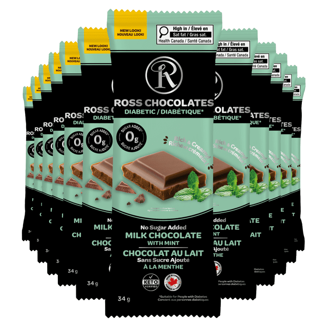 Ross Chocolates - Barres de Chocolat Sans Sucre Ajouté Chocolat au Lait Menthe x12