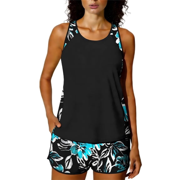 Qingpeng Tankini Swimsuits for Women Tummy Control Two Piece Bathing Suits with Sporty Pockets Swim Shorts
