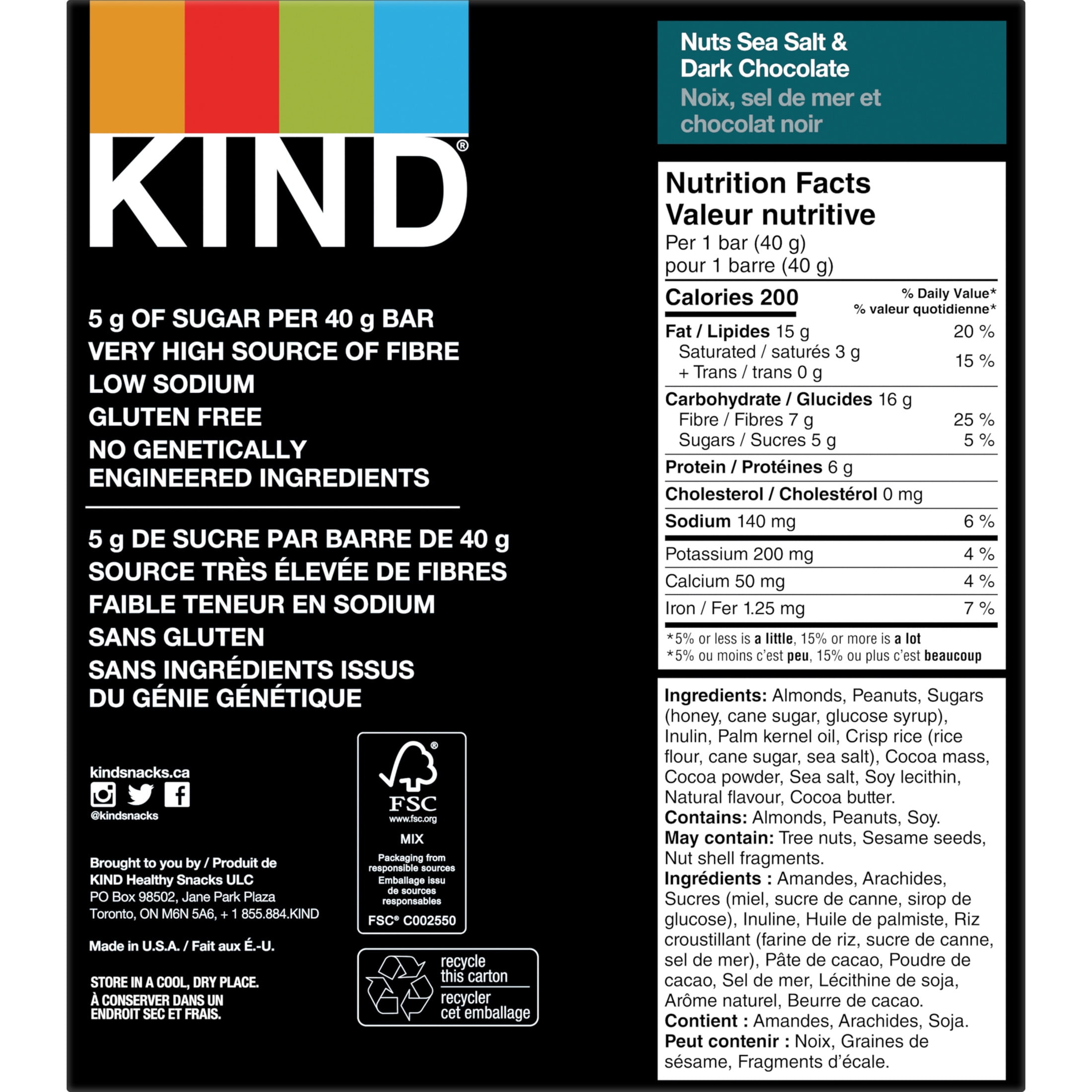KIND Barres Noix, sel de mer et chocolat noir, 40 g, boîte de 12 unités Paquet de 12 barres d'écrous KIND