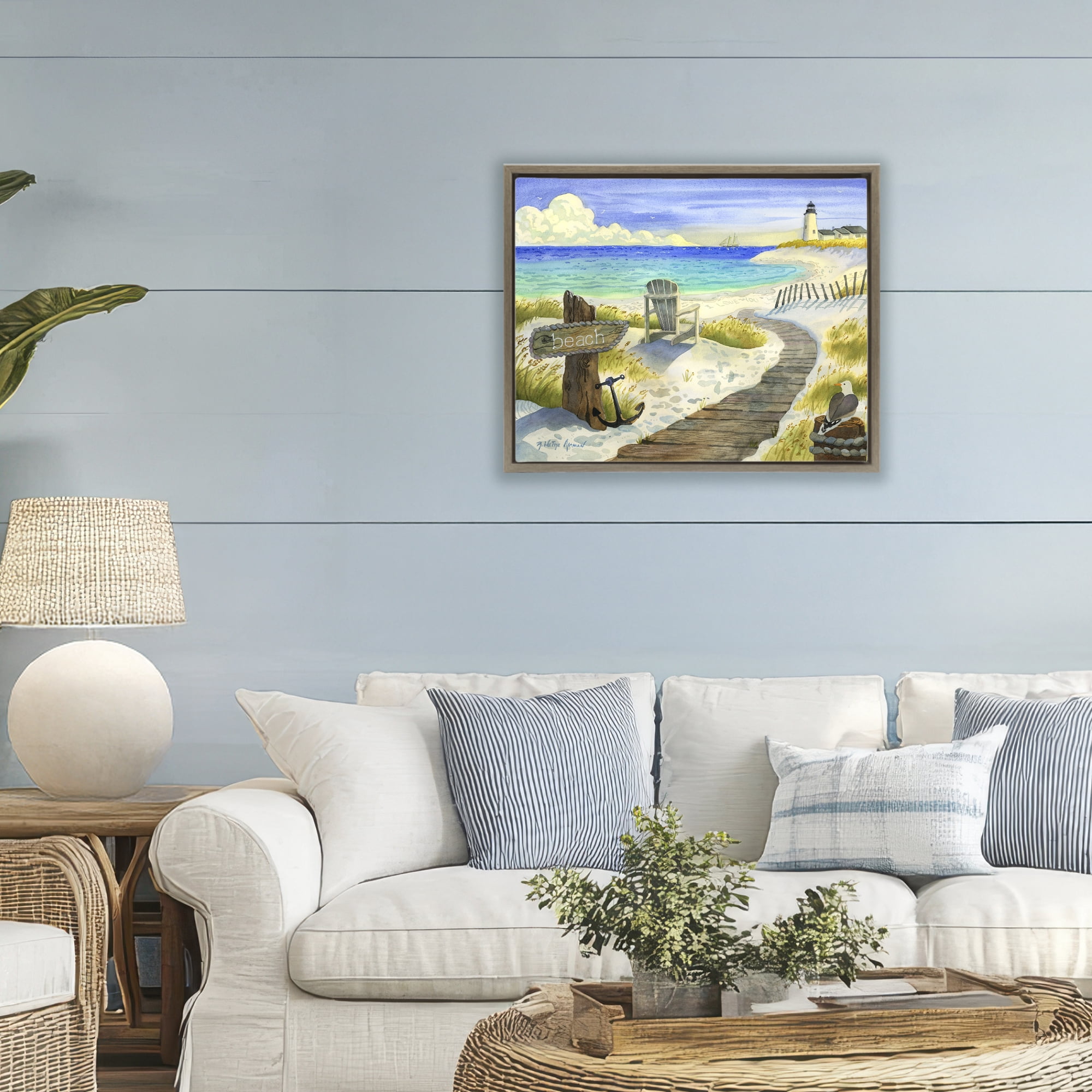 Stupell Industries Boardwalk To The Lighthouse Brown Framed Floater Canvas Wall Art, design by Robin Altman