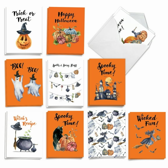 20 Halloween Note Cards with Envelopes (4" x 5.12") - Gourds and Ghouls (10 Designs, 2 Each) AM2917HWG-B2x10