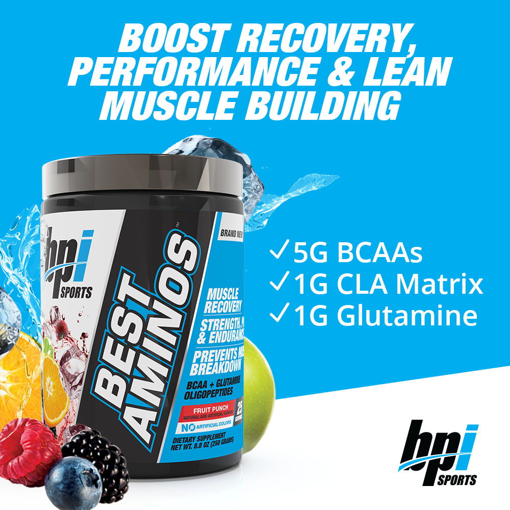 BPI Sports Best Aminos - BCAA Powder Post Workout & Glutamine Recovery Drink with Branched Chain Amino Acids for Hydration & Recovery, for Men & Women - Fruit Punch - 25 Servings