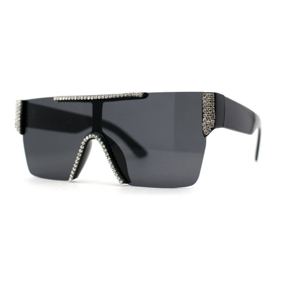 Womens Rhinestone Flat Top Rimless Shield Mafia Sunglasses All Black