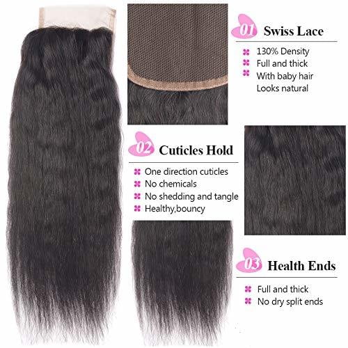 Kinky Straight Human Hair 3 Bundles With Closure Free Part Natural Black(24 26 28with 20)