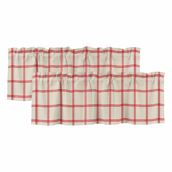Yellow Buffalo Plaid Valances for Windows, Red Lines Grid Pattern Vintage Light Filtering Kitchen Curtains, Rod Pocket Window Valance Curtains for Living Room Bedroom, 60" W x 18" L, 2 Panels
