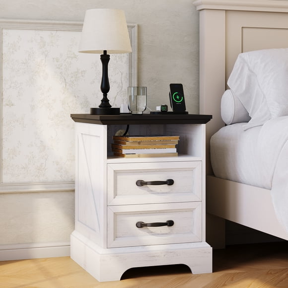 Table de Chevet Style Ferme avec Station de Recharge, Grande Table de Chevet Rustique avec 2 Tiroirs et Tablette Ouverte, Ports USB et Prises CA pour Chambre