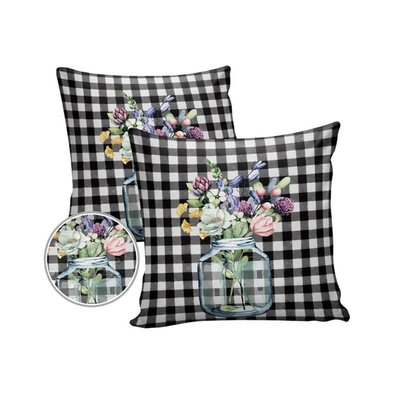 Pack of 2 Outdoor Pillow Covers, Spring Flowers Watercolor Black White Buffalo Plaid Waterproof Square Throw Pillowcase Cushion Decorative Pillow Covers for Couch Patio Tent, 20x20 in