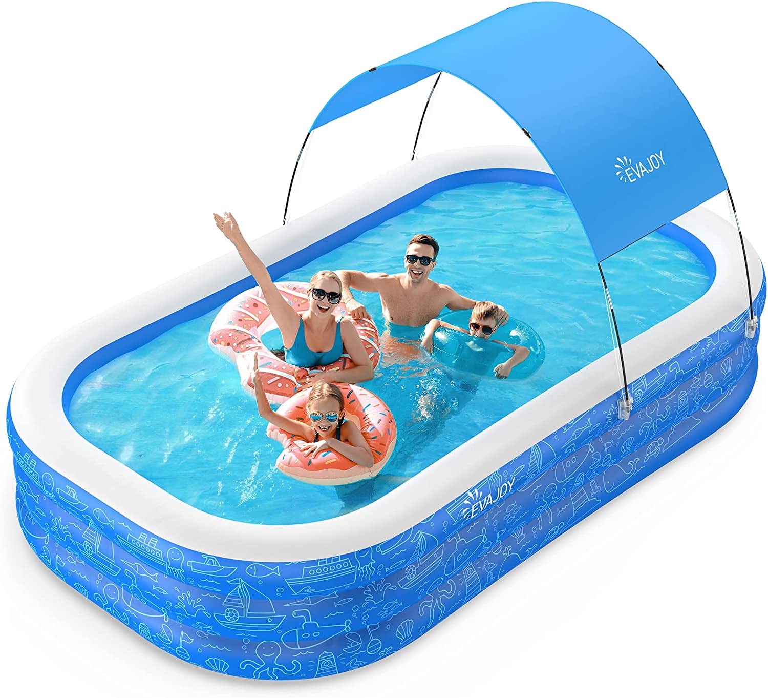 Large Inflatable Swimming Pool with Canopy, 120 x 70 x 20 Full-Sized Inflatable Pool for Kids & Adults, Kiddie Pool with Sun Shade, Blow Up Pool for Backyard, Garden, Age 3+, Blue