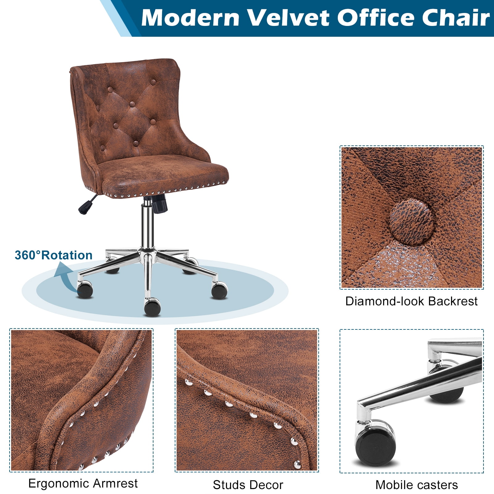UBesGoo Armless Office Chair Suede Fabric Computer Task Chair Adjustable Swivel Vanity Chair with Ergonomic Backrests and Wheels for Conference and Home Brown & Sliver