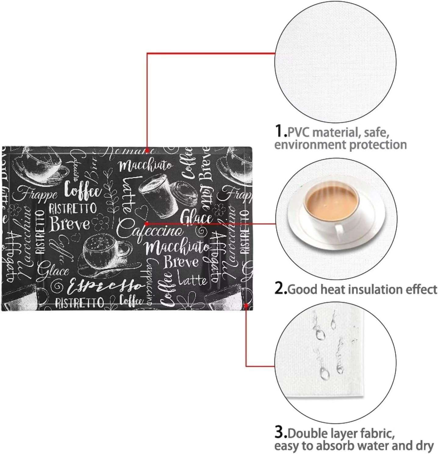 Placemat linen Weave Table Mats Set of 6, Durable Scratch Resistant Waterproof Oil-Proof Dining Table Heat Stain Resistant Placemats, Coffee Vintage Black