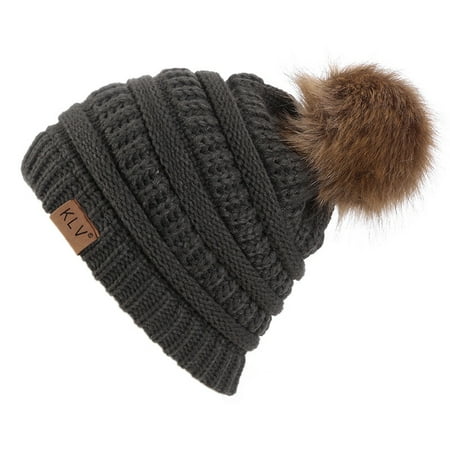 Womens Winter Slouchy Knit Beanie Hat, Warm Chunky Faux Fur Pom Poms Hat Soft Cable Knit Ski Cap